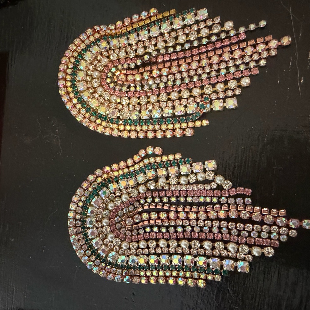 FEED ME GEMS. Gold-Tone Pink & Green Crystal Fringe Earrings